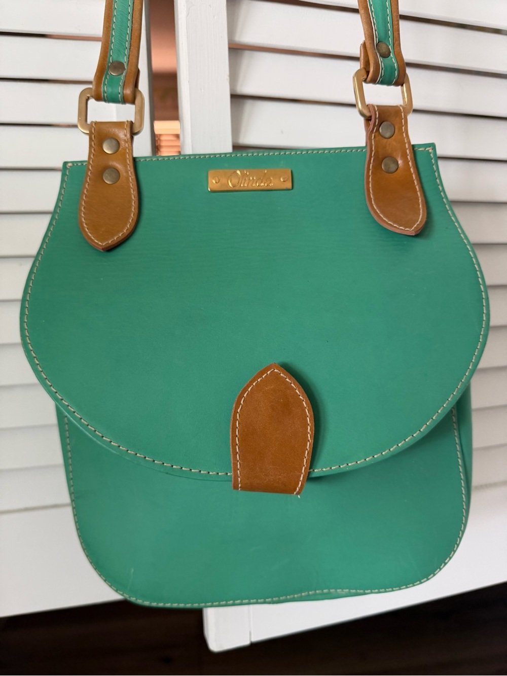 Green Leather Crossbody Bag with Tan Accents by Olinda
